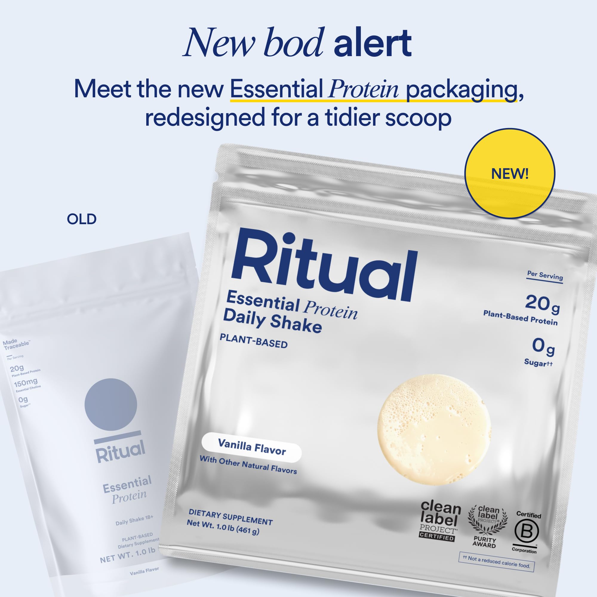 Ritual pea protein powder vanilla 1lb bag emphasizing regenerative North American ingredients and BCAA-rich profile.
