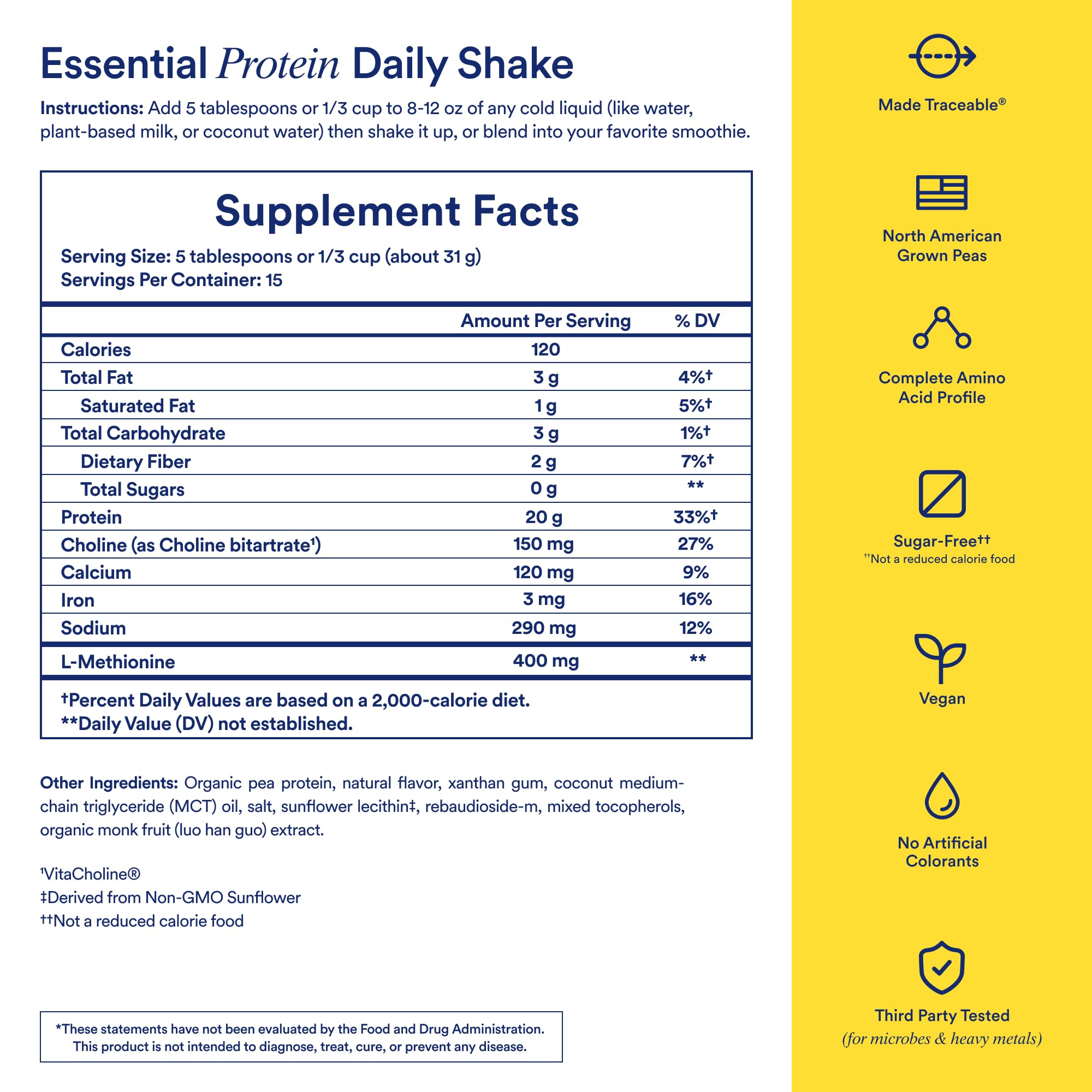 Ritual pea protein powder vanilla scoop highlighting a 20g serving with BCAAs.