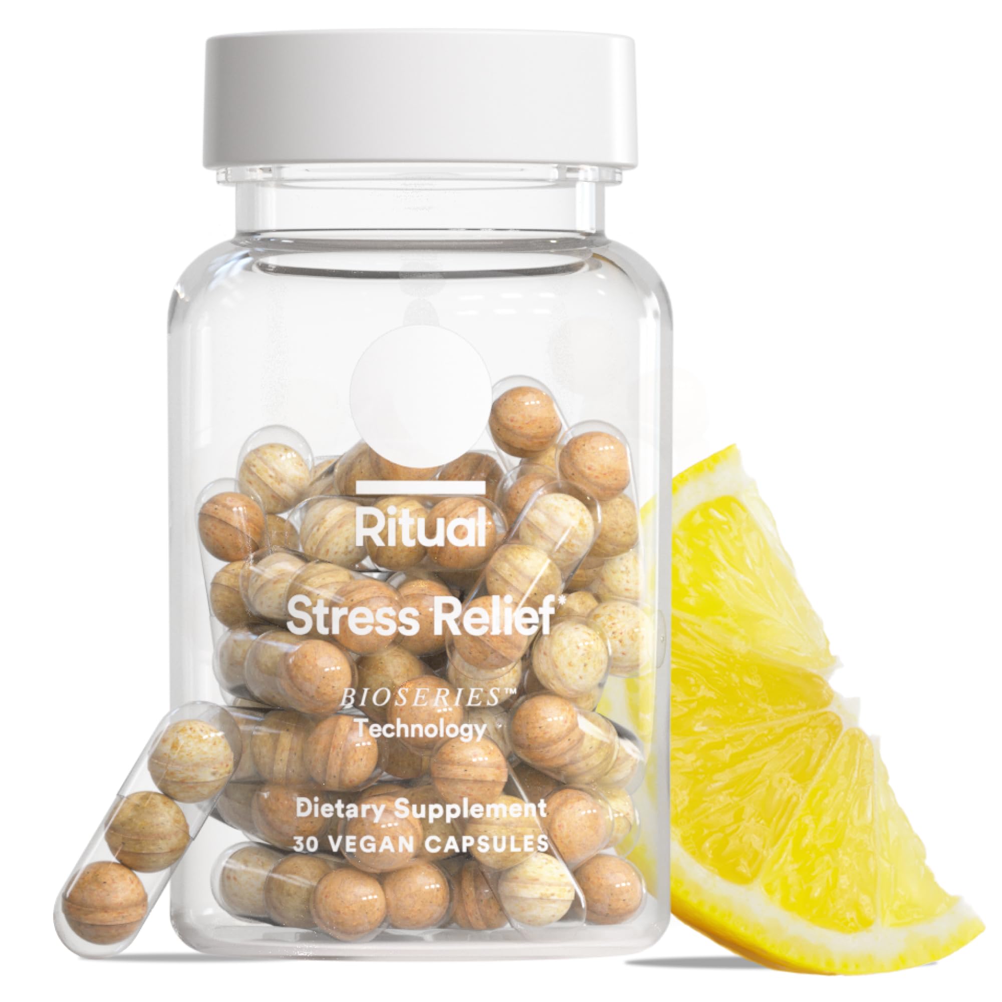 Ritual Stress Relief bottle close-up highlighting the capsule formula for daily calm.