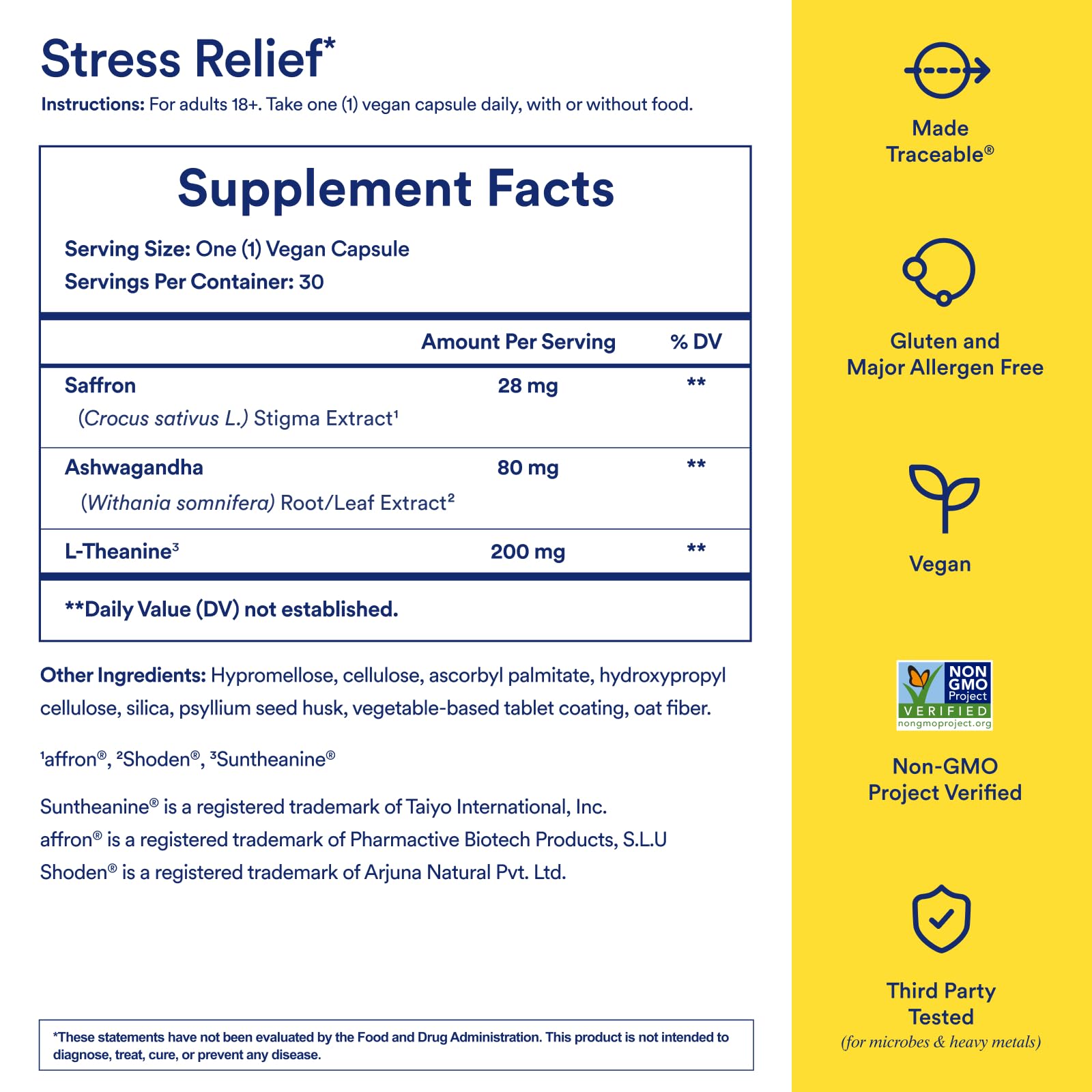 Ritual Stress Relief L-Theanine capsules emphasize quick stress support within hours.