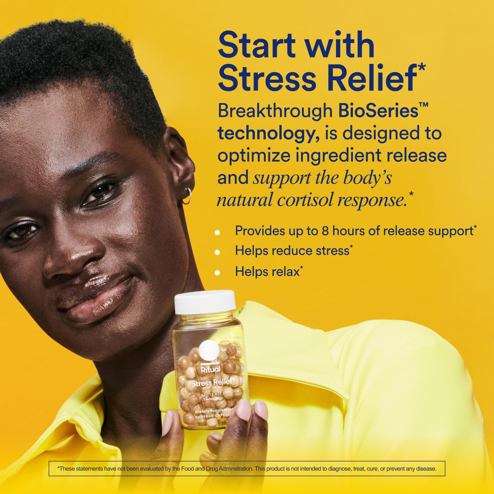 Ritual Stress Relief label shows Kerala Ashwagandha and traceable ingredients.