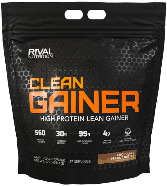 Rival Nutrition Clean Gainer bag front with Chocolate PB flavor for mass-building workouts