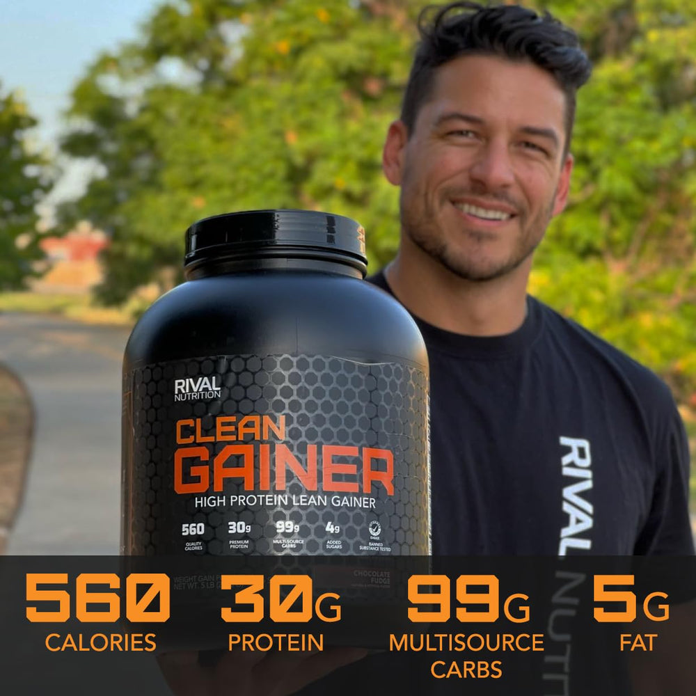 RIVAL NUTRITION Clean Gainer ingredients panel highlights whey, milk protein isolate, and micellar casein blend.