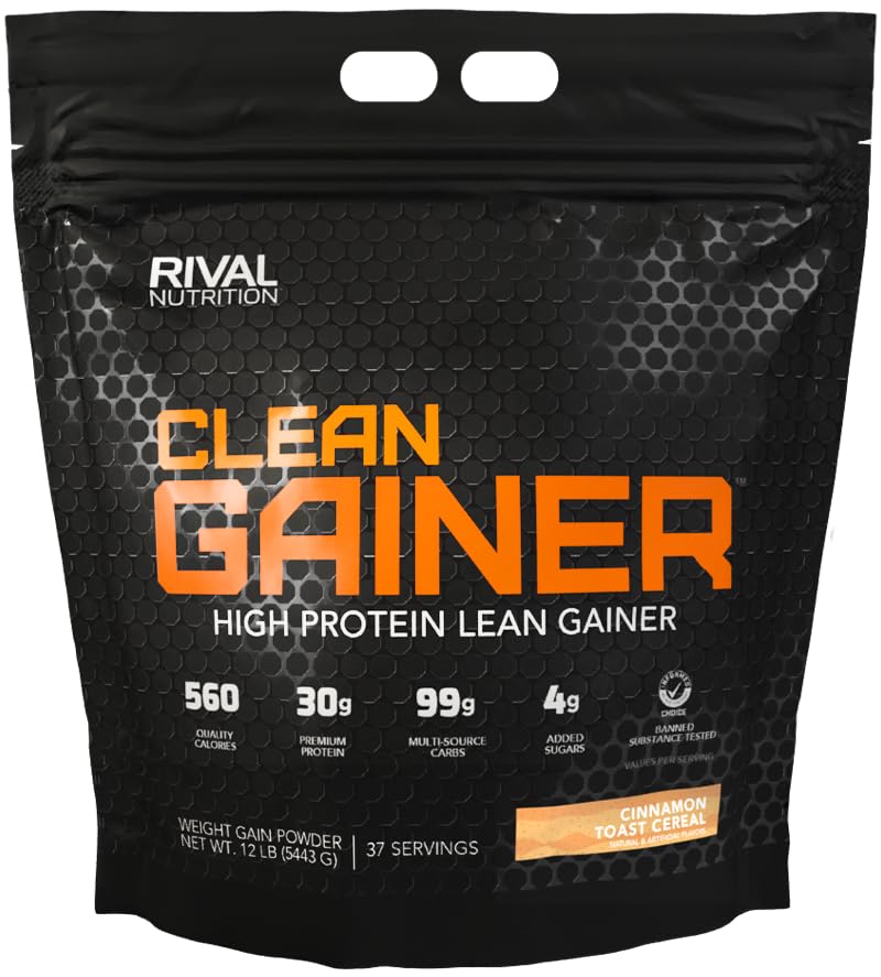 RIVAL NUTRITION Clean Gainer Cinnamon Toast Cereal label with 560 calories per serving for mass support.