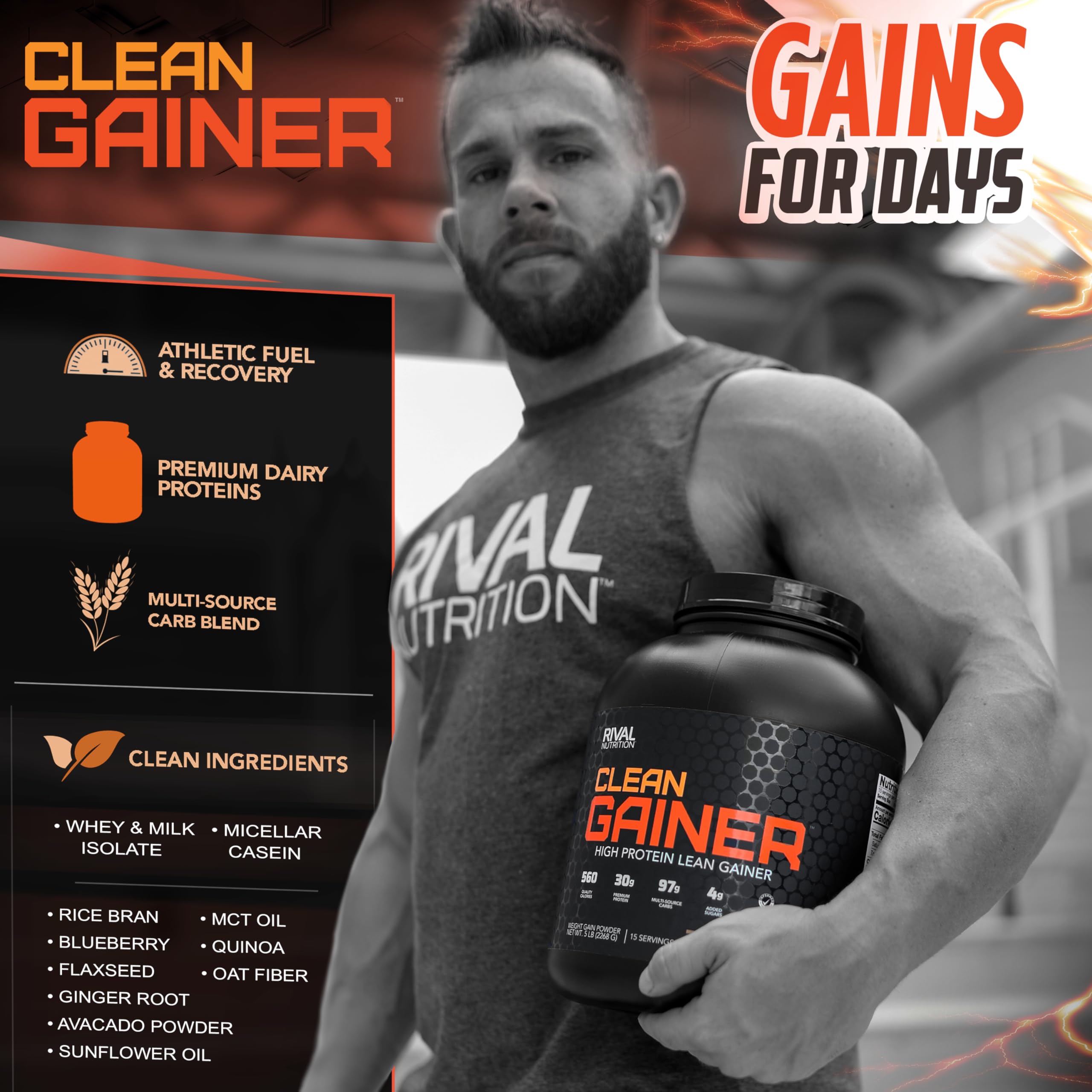 RIVAL NUTRITION Clean Gainer nutrition facts show 30g protein and multi-source carbs for fueling workouts.