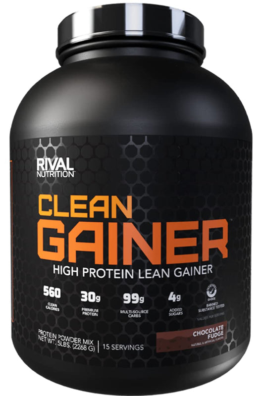 RIVAL NUTRITION Clean Gainer Chocolate Fudge tub close-up for lean gains