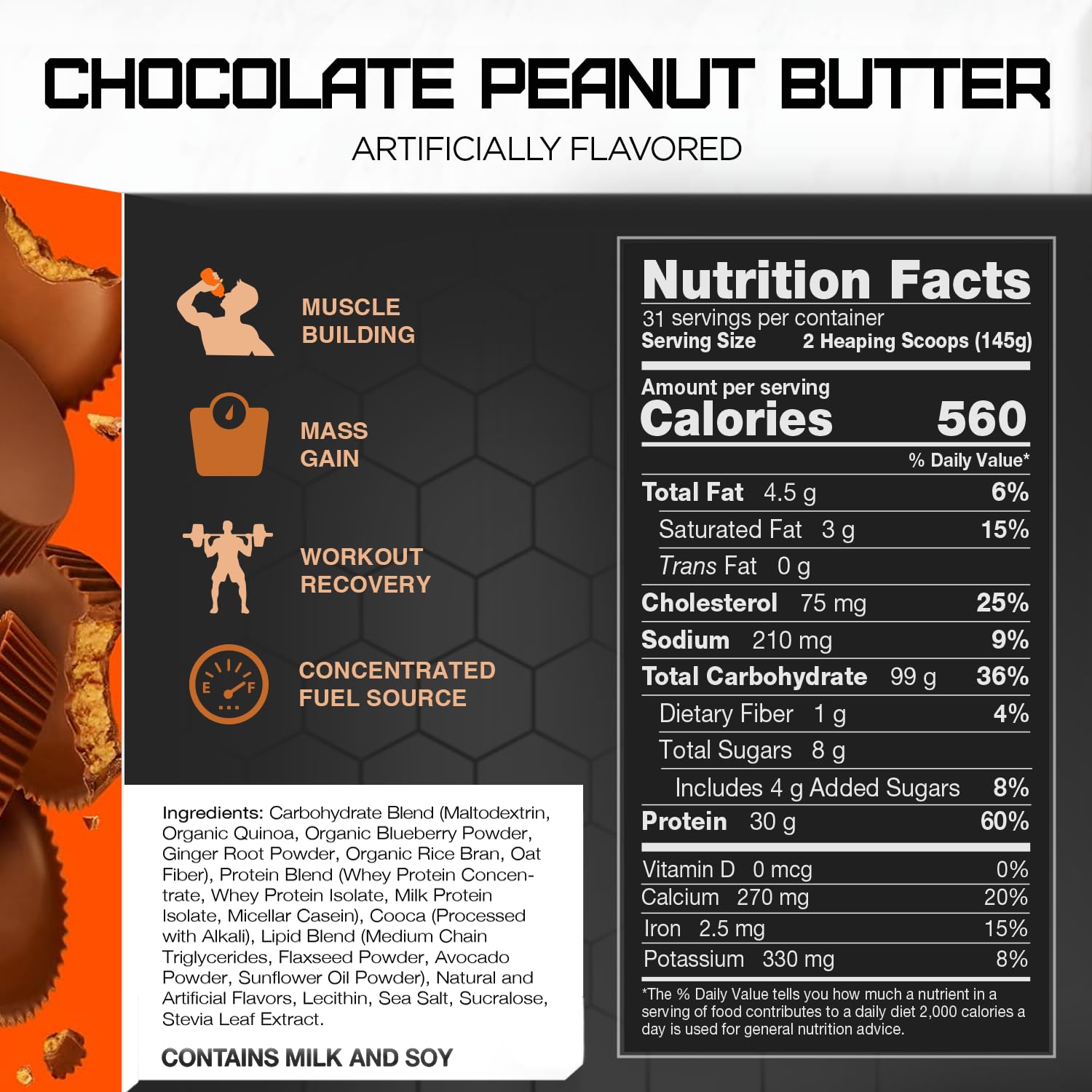 Rival Nutrition Clean Gainer nutrition label close-up, high-calorie blend for mass support