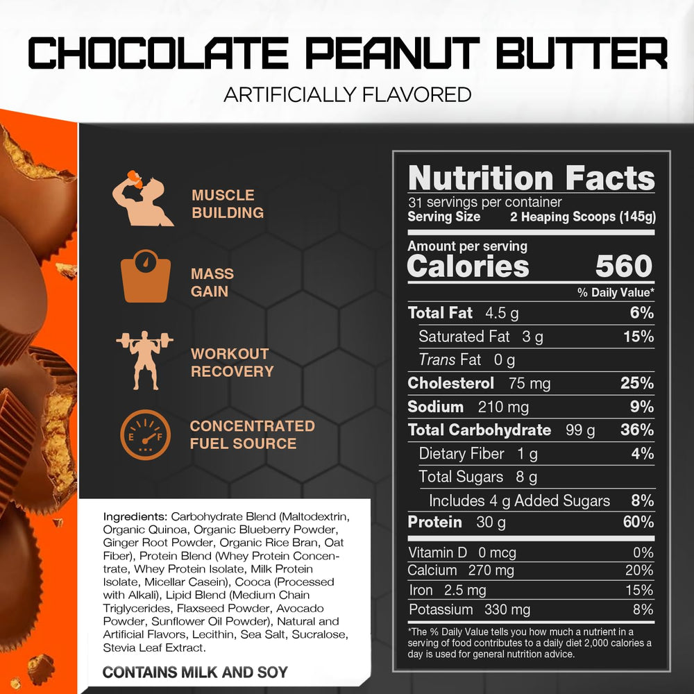 Rival Nutrition Clean Gainer nutrition label close-up, high-calorie blend for mass support