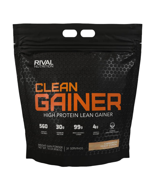 Rival Nutrition Clean Gainer Cinnamon Toast Cereal tub showing premium protein blend for mass support.
