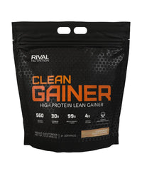 Rival Nutrition Clean Gainer Cinnamon Toast Cereal tub showing premium protein blend for mass support.