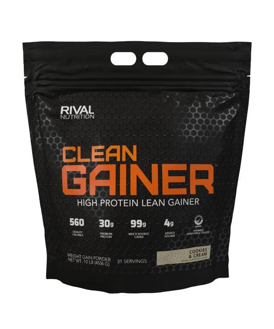 RIVAL NUTRITION Clean Gainer Cookies & Cream bottle highlights calorie-dense nutrition for athletes.