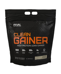RIVAL NUTRITION Clean Gainer Cookies & Cream bottle highlights calorie-dense nutrition for athletes.