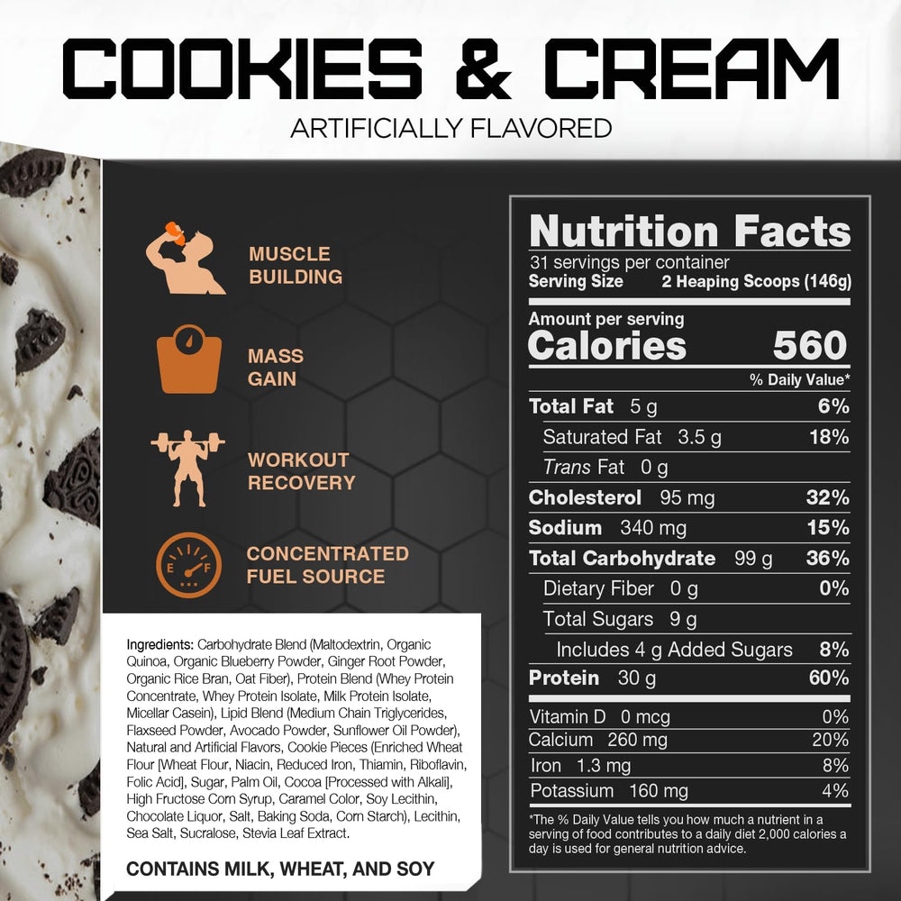 RIVAL NUTRITION Clean Gainer nutrition facts panel highlights protein and carb blend.