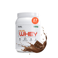 RIVAL NUTRITION Clean Rival Whey chocolate powder bottle pour for post-workout recovery