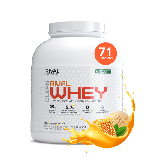 Rival Nutrition Clean Rival Whey 5lb tub front view for lean muscle support