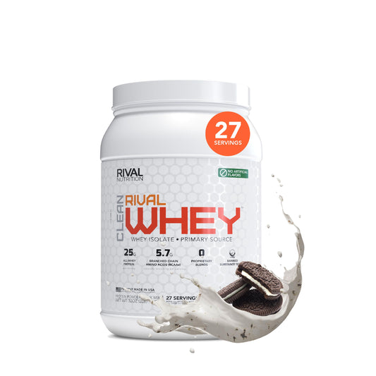 RIVAL NUTRITION Clean Rival Whey bottle highlights cookies & cream protein for post-workout recovery