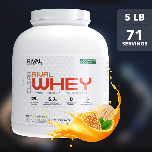 Rival Whey Honey Nut Vanilla scoop on clean surface