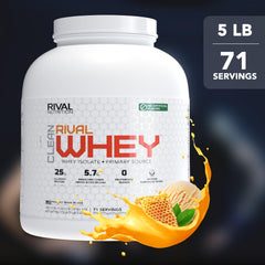 Rival Whey Honey Nut Vanilla scoop on clean surface