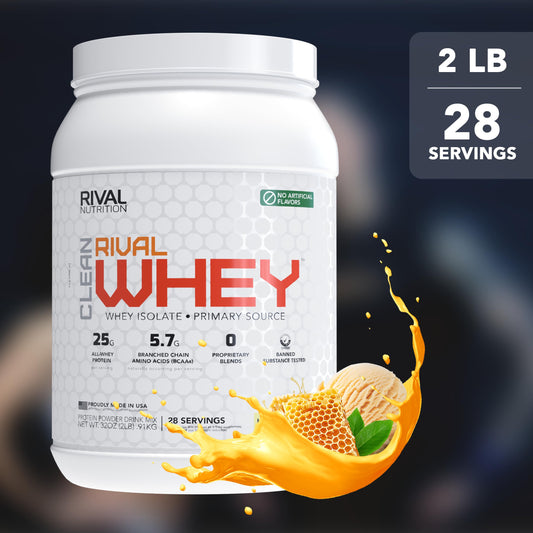 Rival Whey Honey Nut Vanilla scoop suggesting 25g protein per serving for workouts.