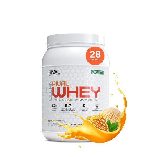 Rival Whey Honey Nut Vanilla tub demonstrating high-protein powder contents for lean muscle support.