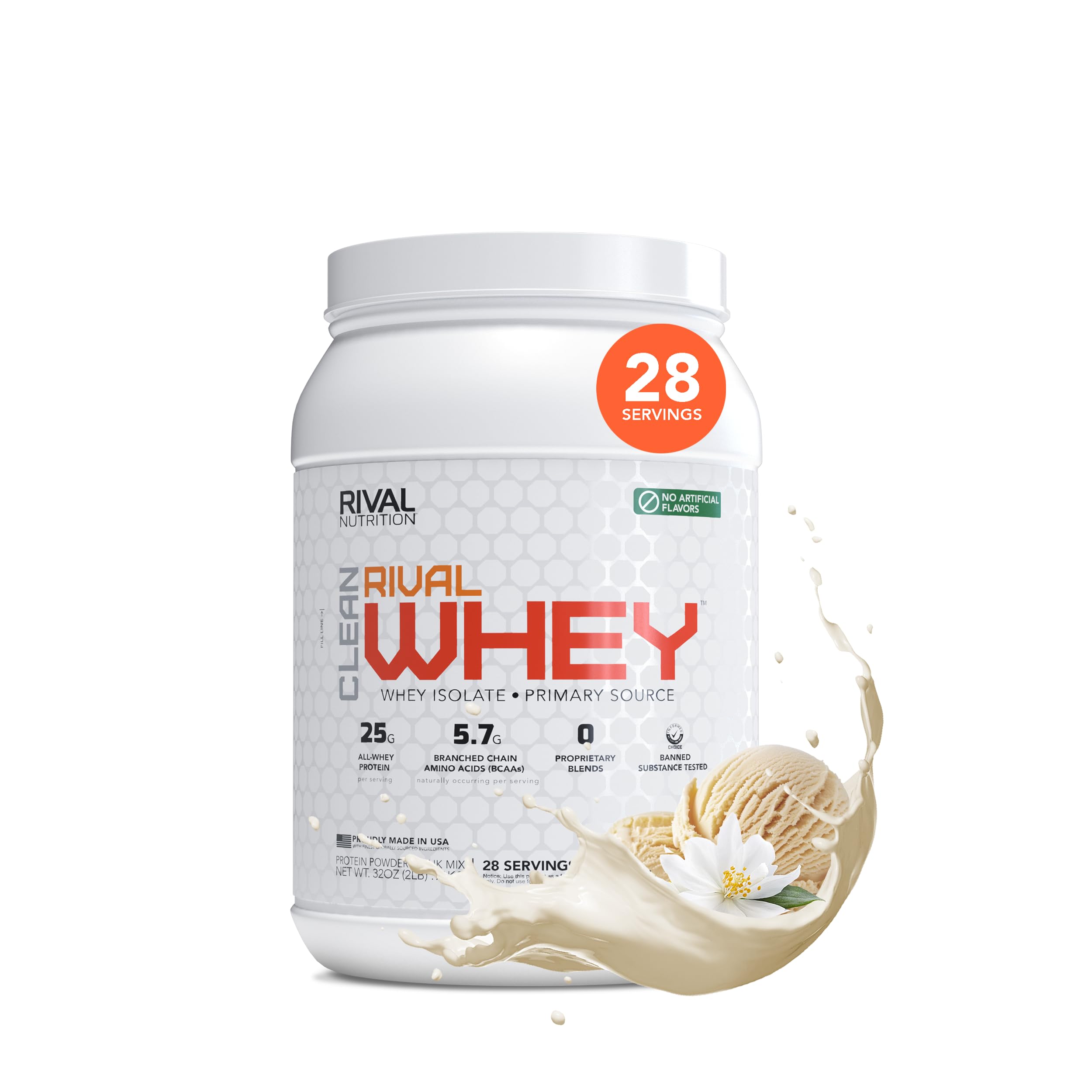RIVAL NUTRITION Clean Rival Whey Vanilla container shows clean ingredient label for pure protein