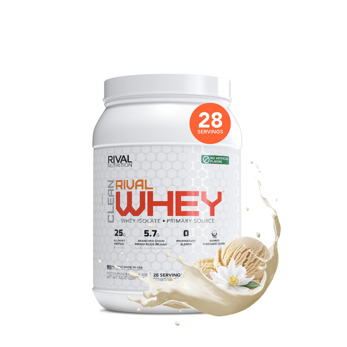 RIVAL NUTRITION Clean Rival Whey Vanilla container shows clean ingredient label for pure protein