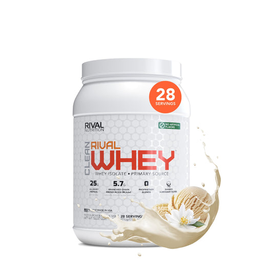 RIVAL NUTRITION Clean Rival Whey Vanilla container shows clean ingredient label for pure protein