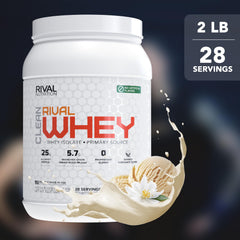 Pouring Clean Rival Whey Vanilla into a glass after a workout for post‑training support