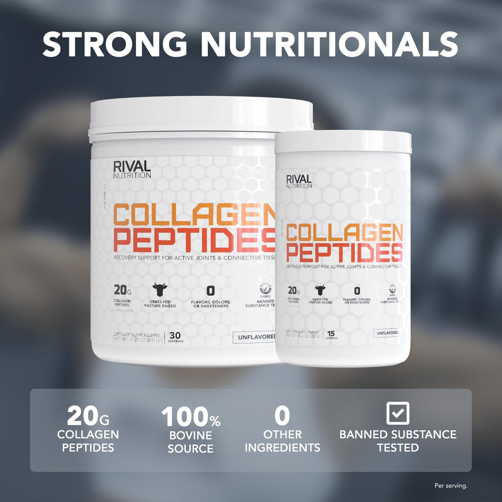 Rival Nutrition Collagen Peptides glass jar conveys premium, clean nutrition.