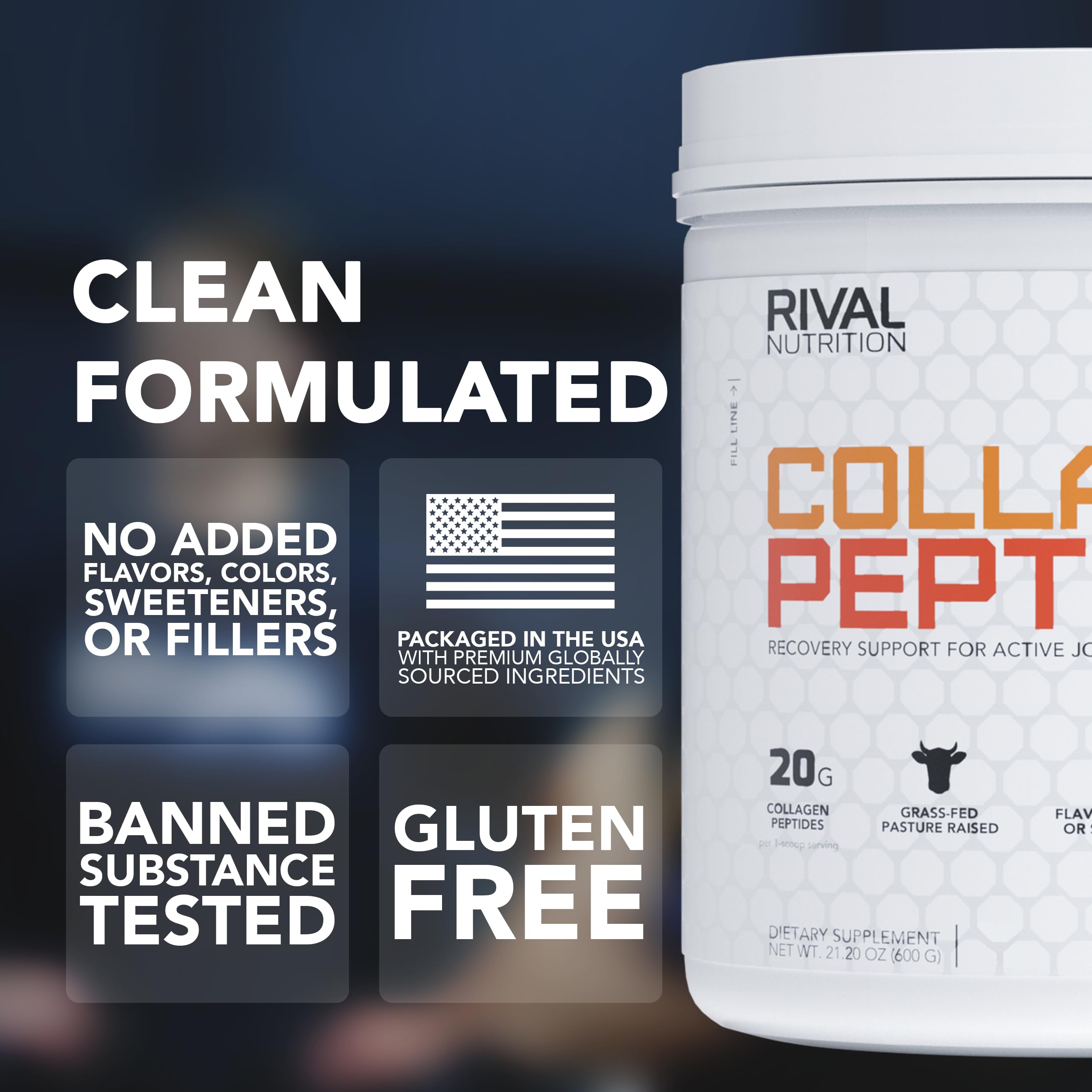 Rival Nutrition Collagen Peptides powder label highlights purity and Informed Choice certification.
