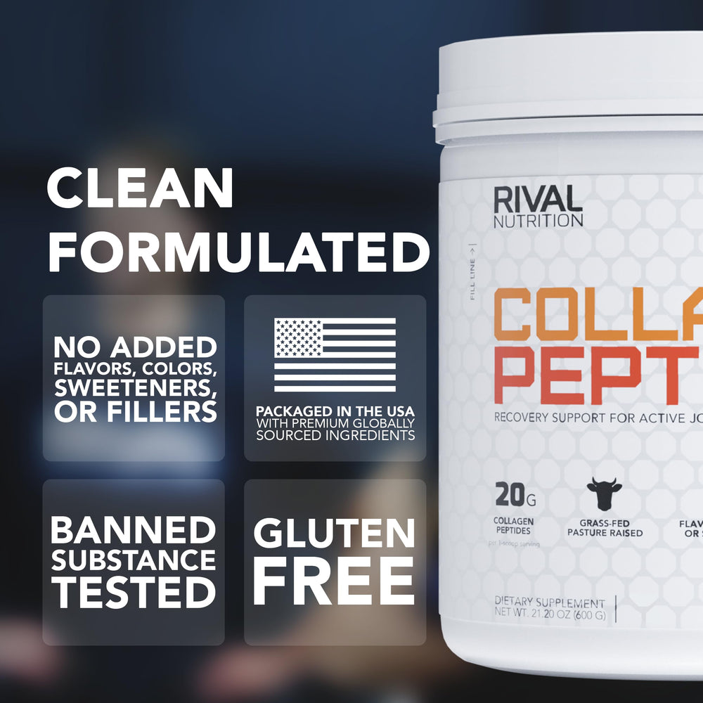 Rival Nutrition Collagen Peptides powder label highlights purity and Informed Choice certification.