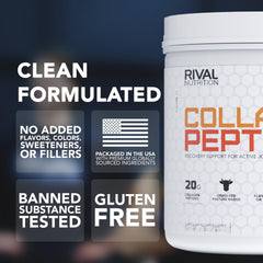 Rival Nutrition Collagen Peptides powder label highlights purity and Informed Choice certification.