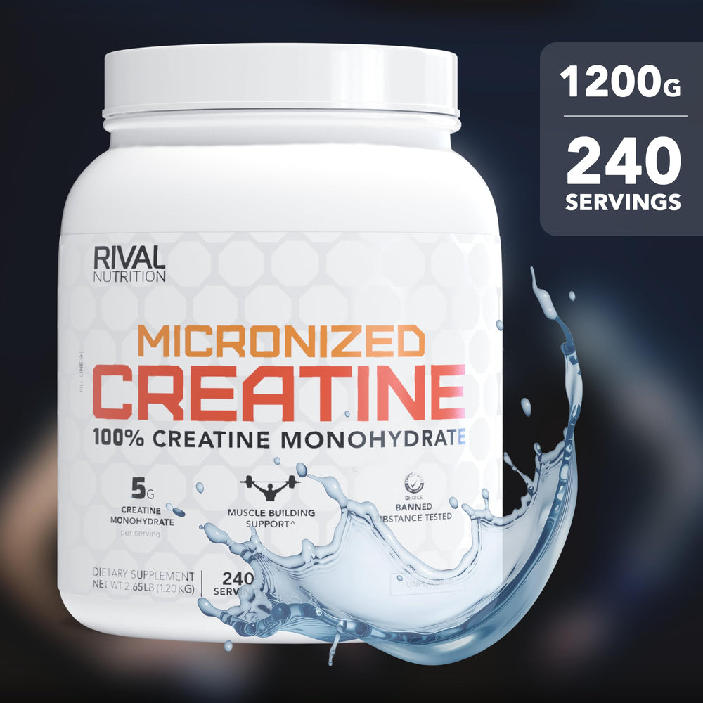 RIVAL NUTRITION Creatine monohydrate powder close-up showing fine texture