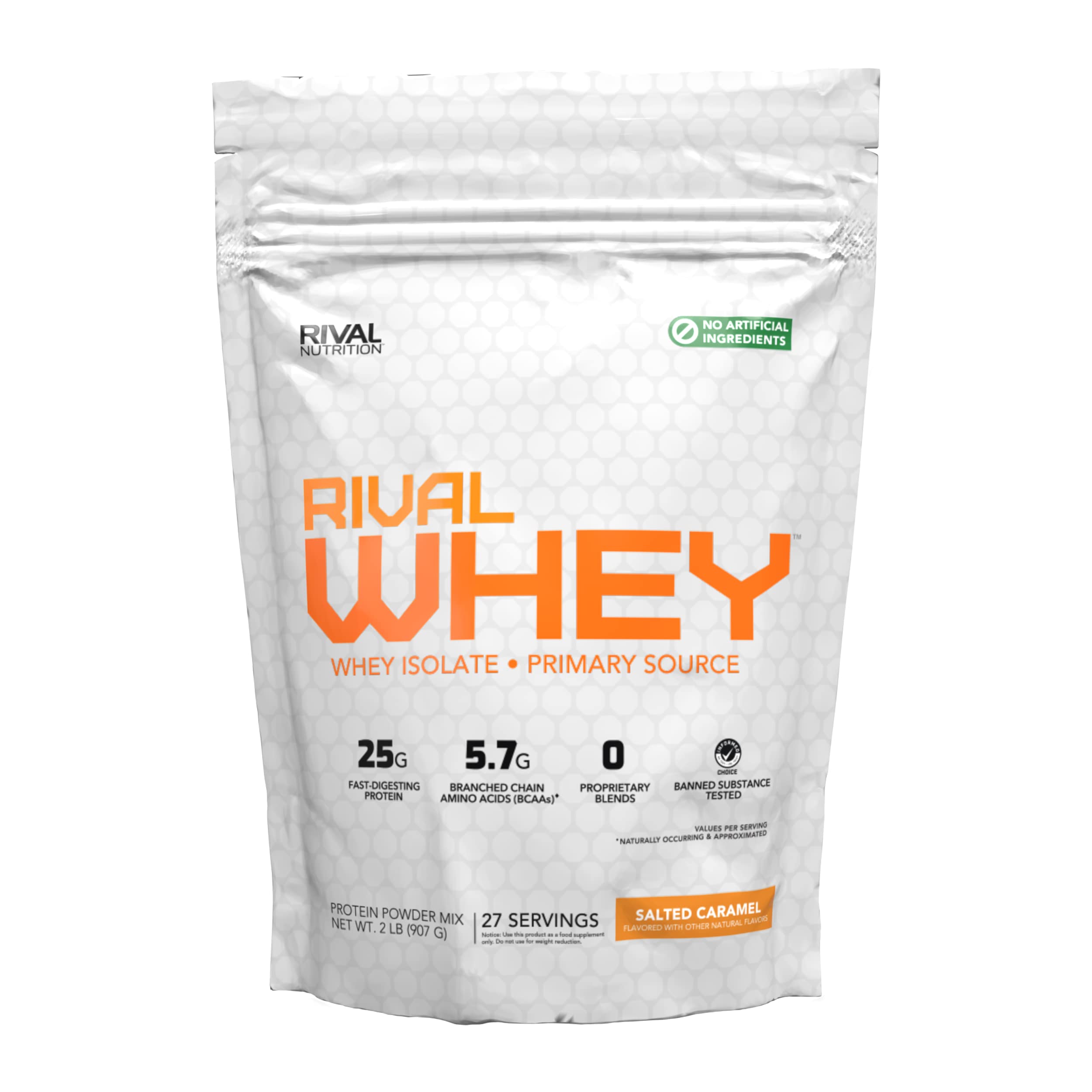 Rival Nutrition Naturally Flavored Whey Salted Caramel 2lb bottle shows clean protein for daily fueling