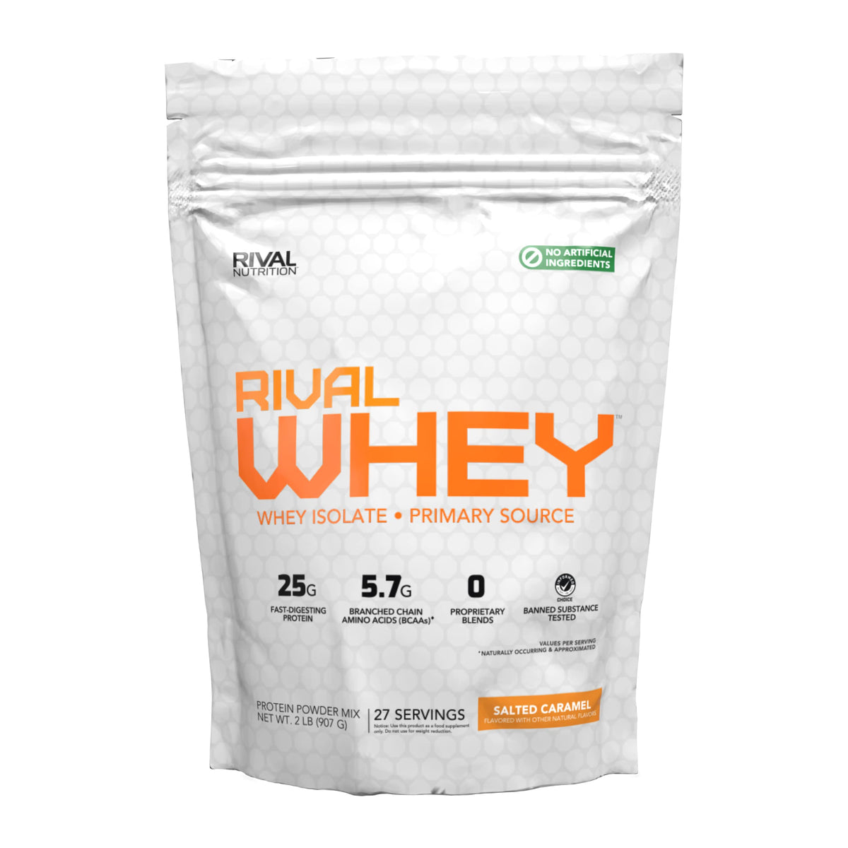 Rival Nutrition Naturally Flavored Whey Salted Caramel 2lb bottle shows clean protein for daily fueling