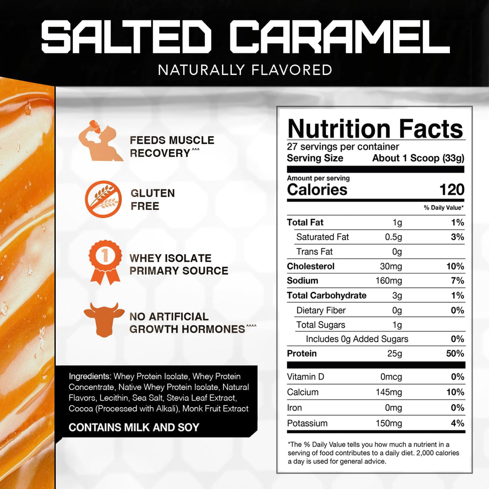 Rival Nutrition Naturally Flavored Whey Salted Caramel 2lb nutrition panel notes 25g protein per serving