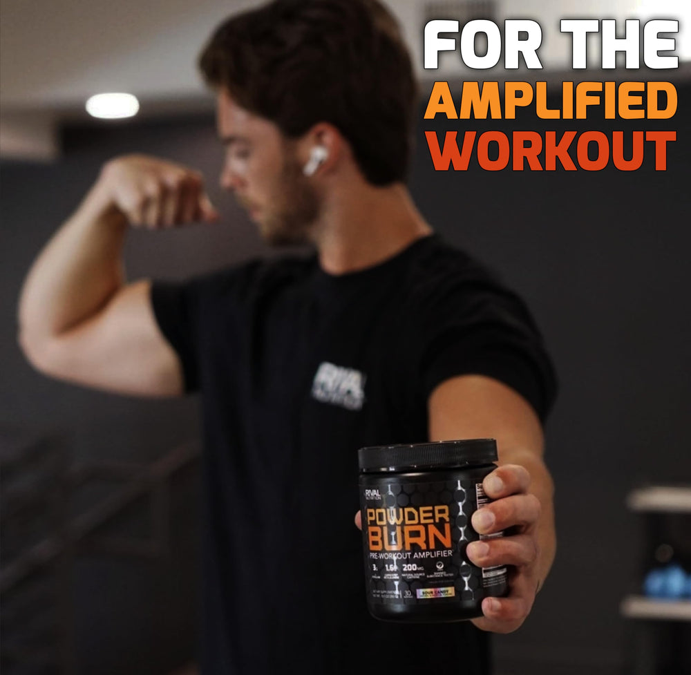 RIVAL NUTRITION Powder Burn Knockout Punch tub closeup highlights premium ingredients