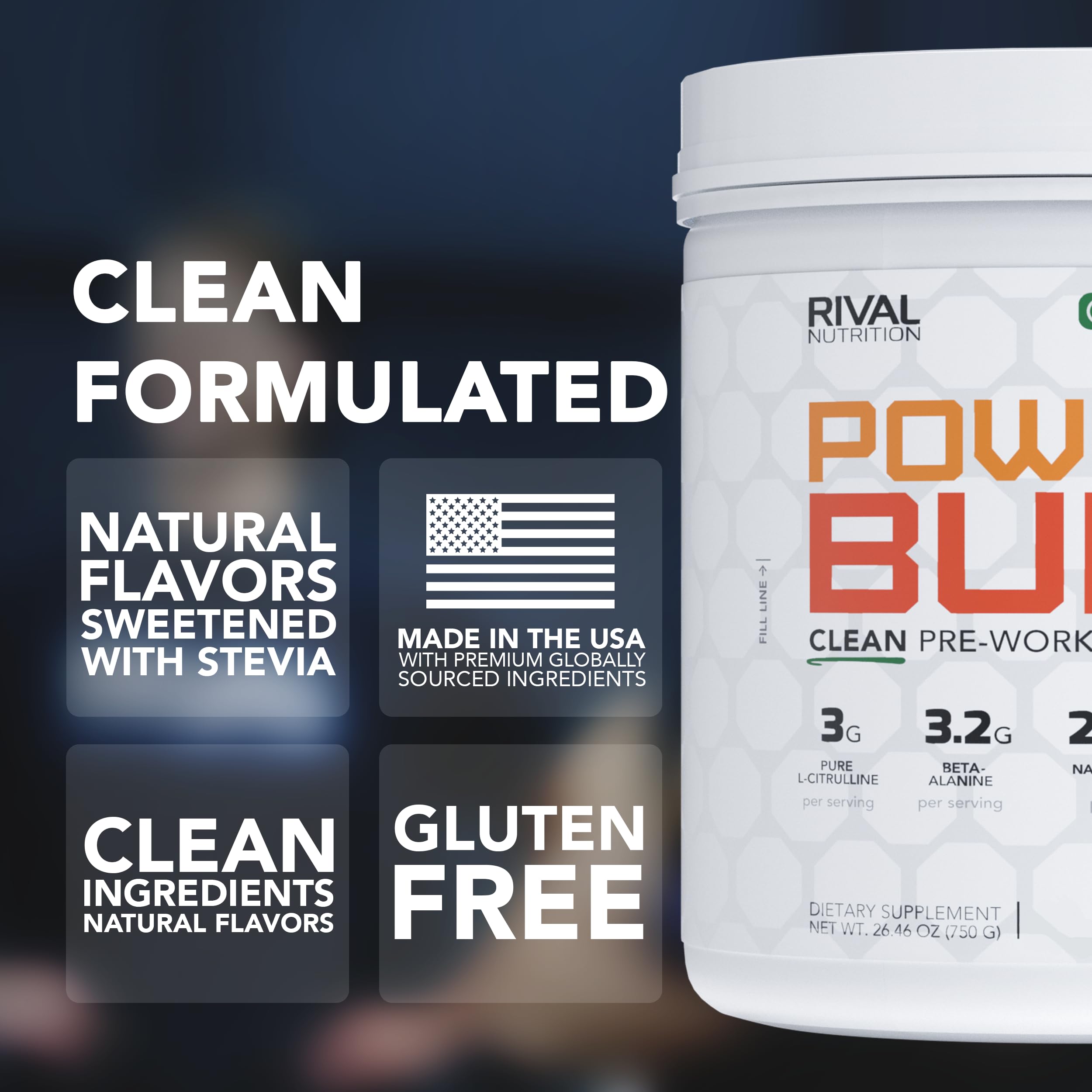 RIVAL NUTRITION Powder Burn label emphasizes Informed Choice safety and transparency.