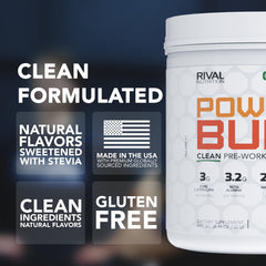 RIVAL NUTRITION Powder Burn label emphasizes Informed Choice safety and transparency.