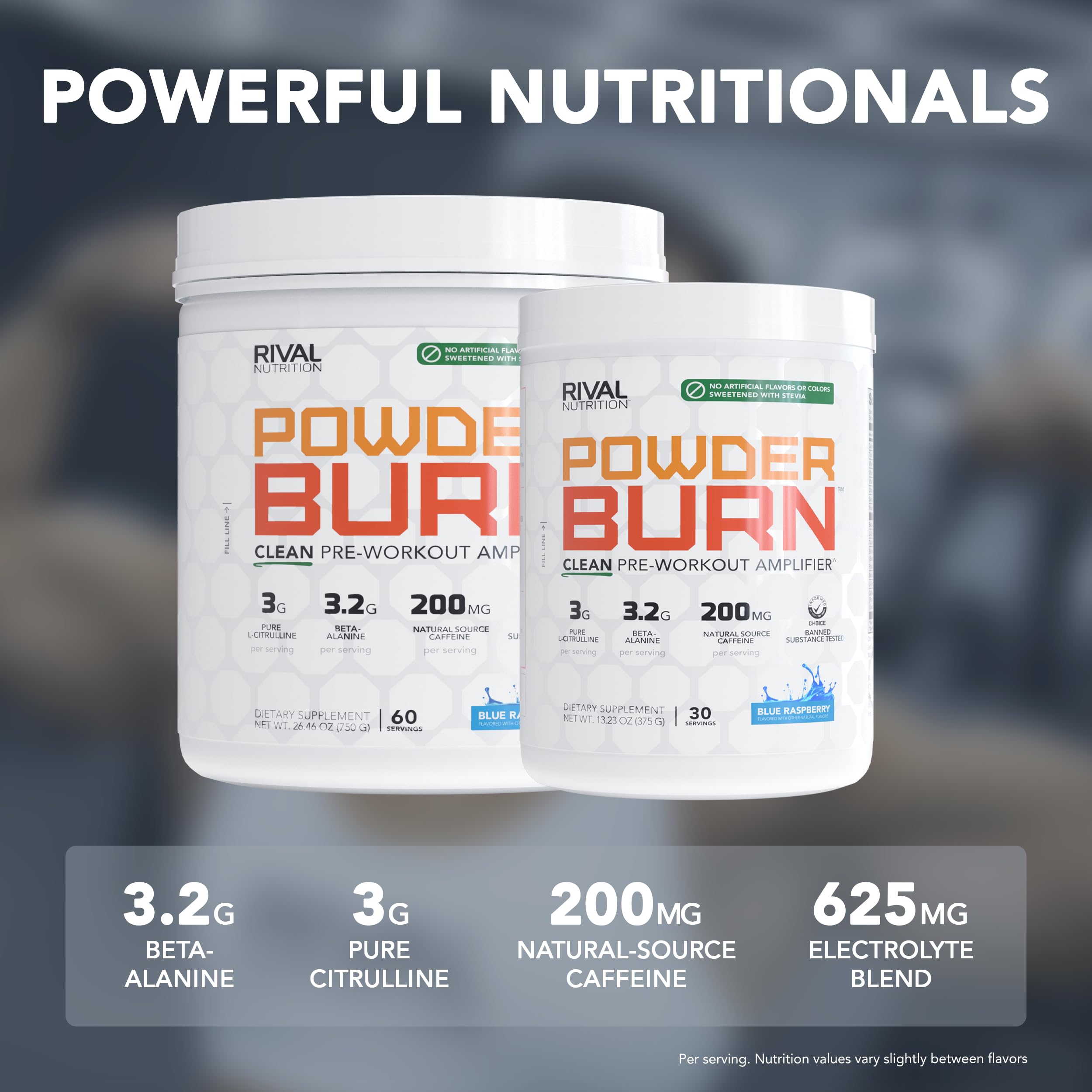 RIVAL NUTRITION Powder Burn packaging showcases natural Sour Candy flavor.