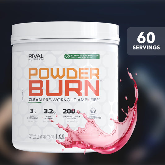 RIVAL NUTRITION Powder Burn scoop beside a shaker highlighting 3g L-Citrulline for better pumps.