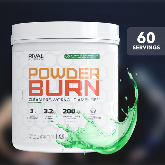 RIVAL NUTRITION Powder Burn scoop indicates precise serving for steady energy.