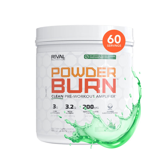 RIVAL NUTRITION Powder Burn Sour Candy bottle shows clean pre-workout formula for athletes.