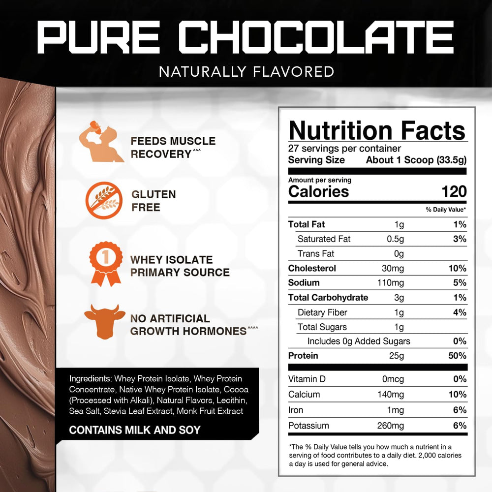 Monk fruit and stevia natural sweeteners visible on the label of Rival Whey.
