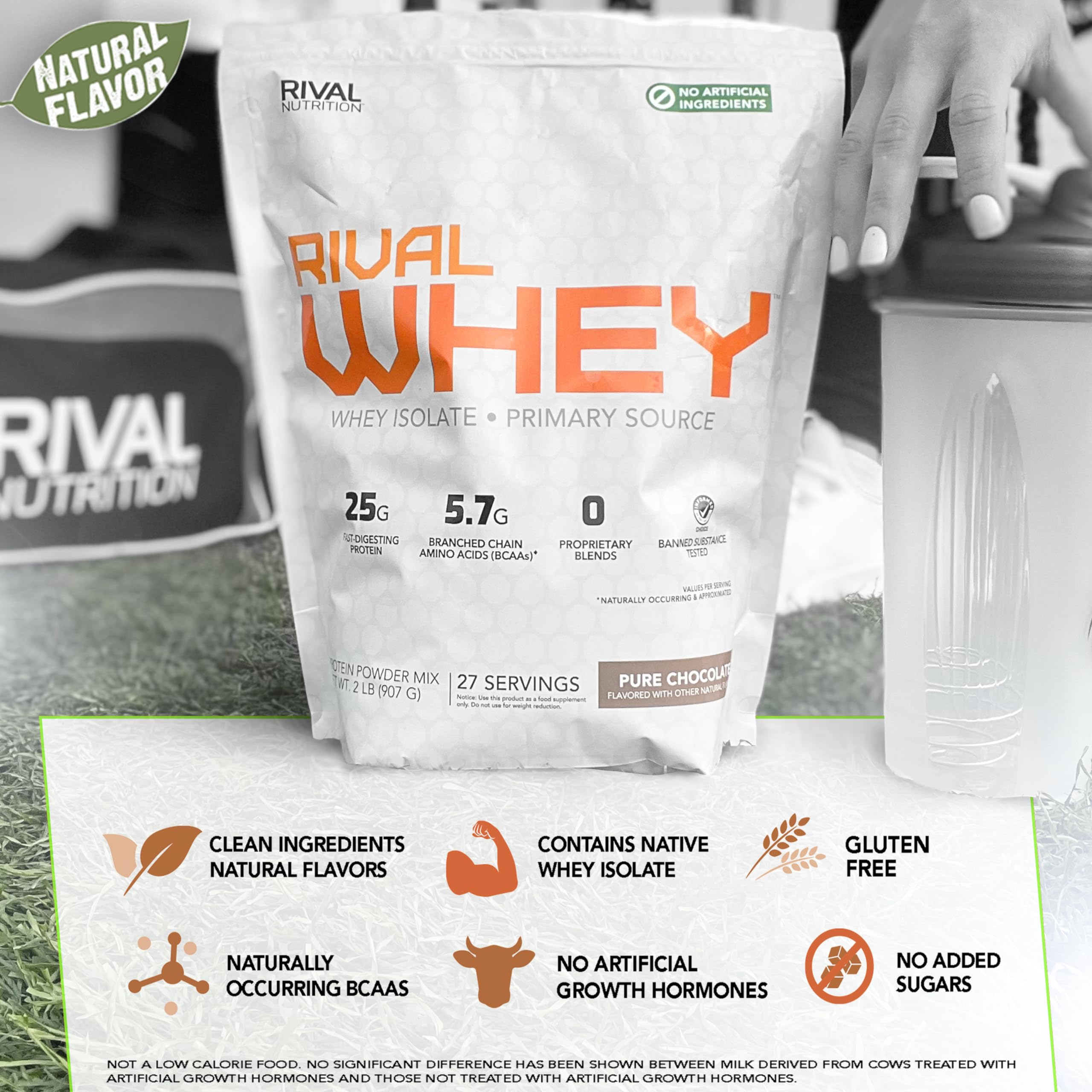 RIVAL NUTRITION Rival Whey label highlights 25g protein per serving for sustained support.