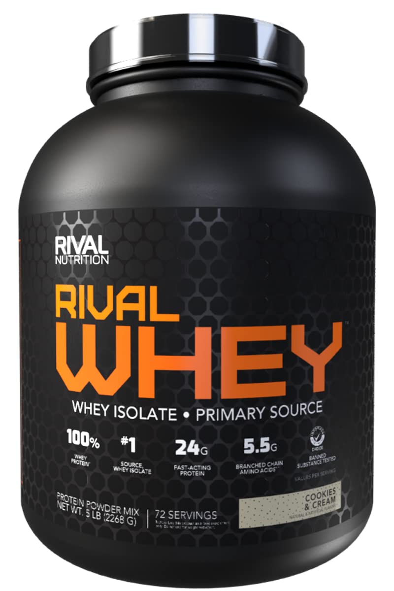 Rival Whey 5lb Cookies Cream front label highlighting high-purity protein for post-workout recovery