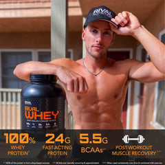 Rival Whey Cookies Cream scoop shows convenient serving size for quick shakes