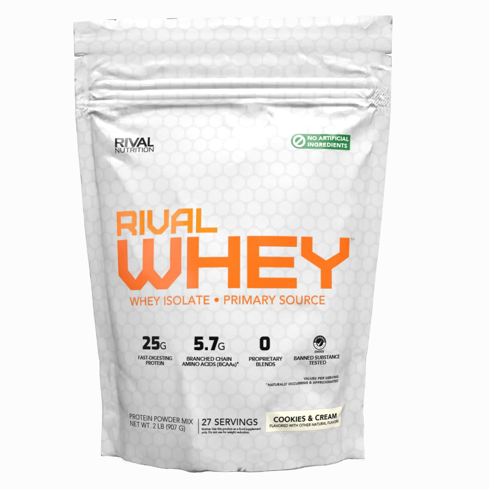 RIVAL NUTRITION Rival Whey Cookies and Cream tub shows clean protein for daily recovery.