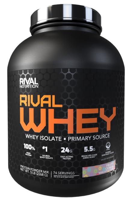 Rival Whey Fruity Cereal packaging highlights premium protein for fitness enthusiasts.