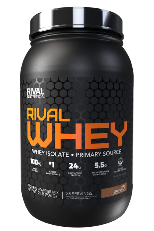 Rival Whey Rich Chocolate 2lb container front view highlighting premium protein source